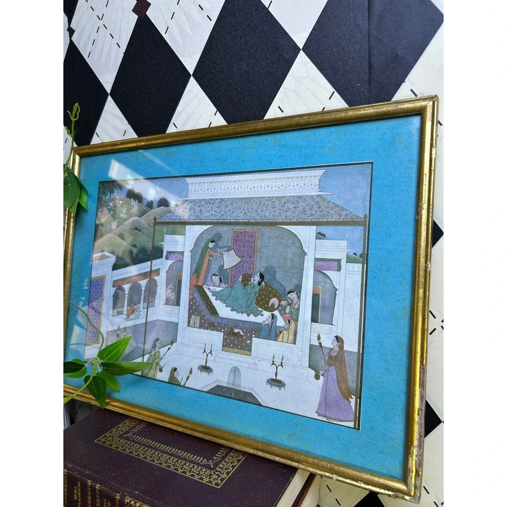 Vintage Framed Indian Pahari Mahabharata Print Palace Scene Wall Art